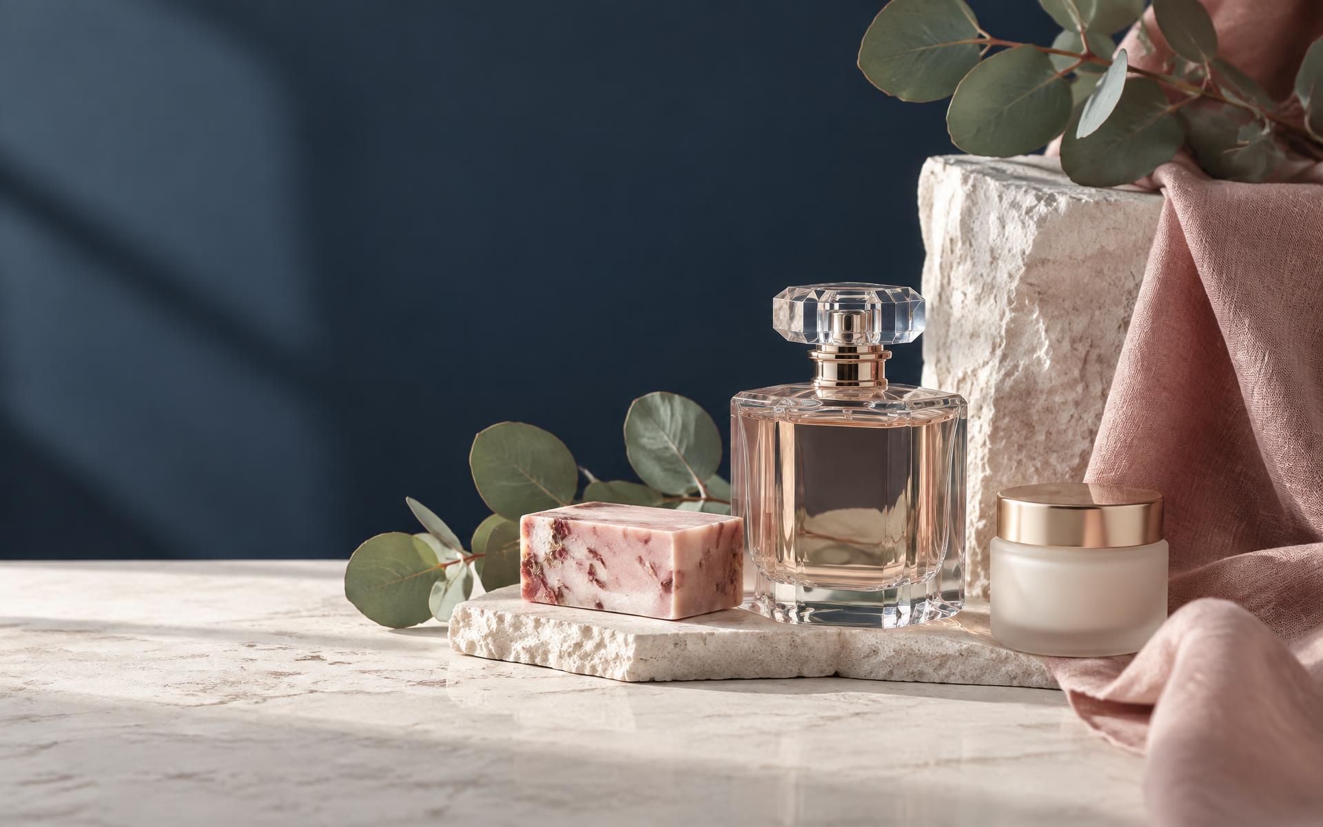 Perfume, botanical soap, and skincare arranged on stone